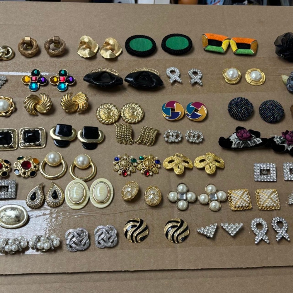 47 Pair Vintage Style Clip On Earrings Lot Rhinestone Pearl Gold Tone Statement